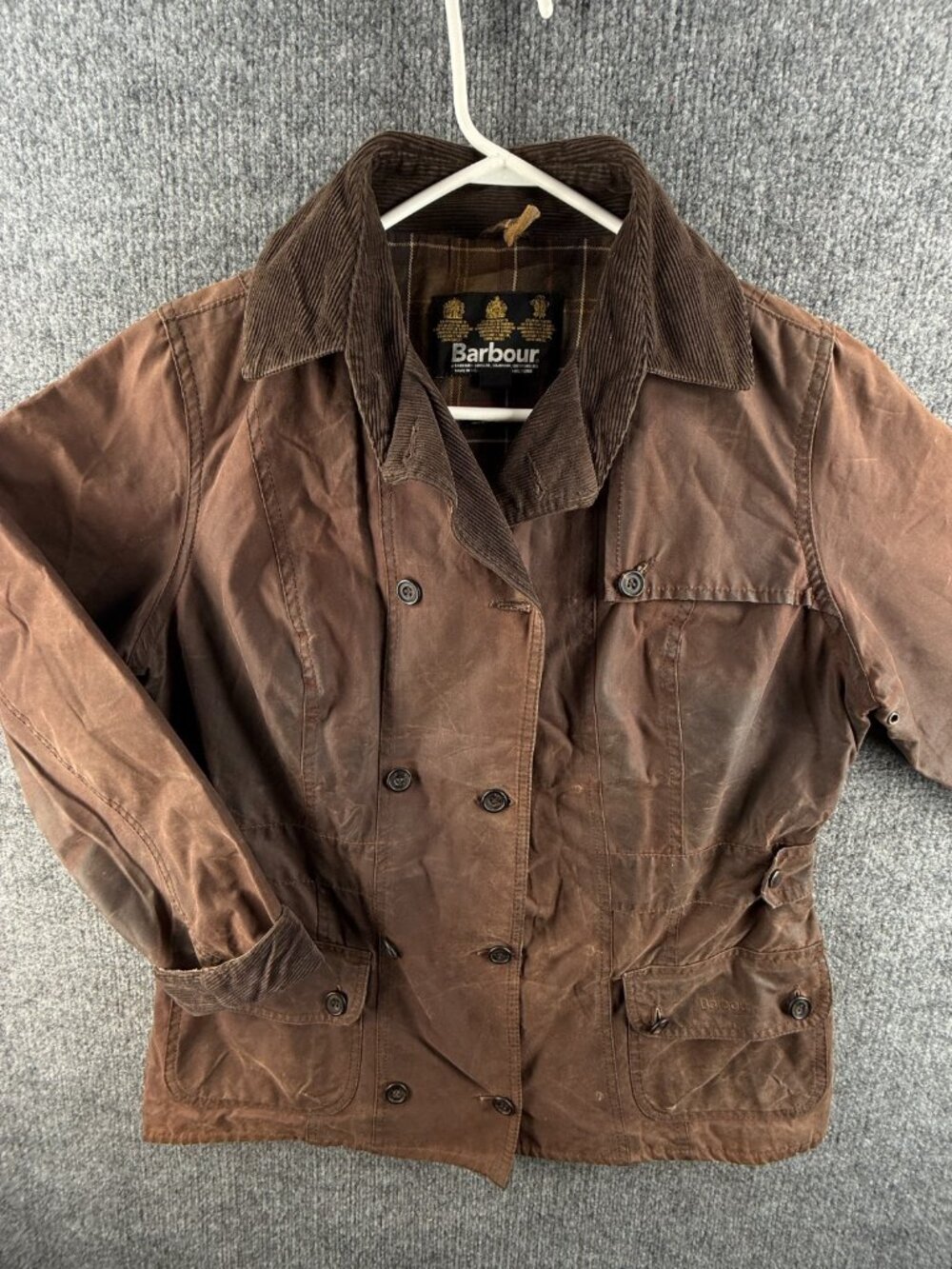 Barbour L2011 Double Breasted Brown Waxed Jacket Women Button Up Coat Lined 10